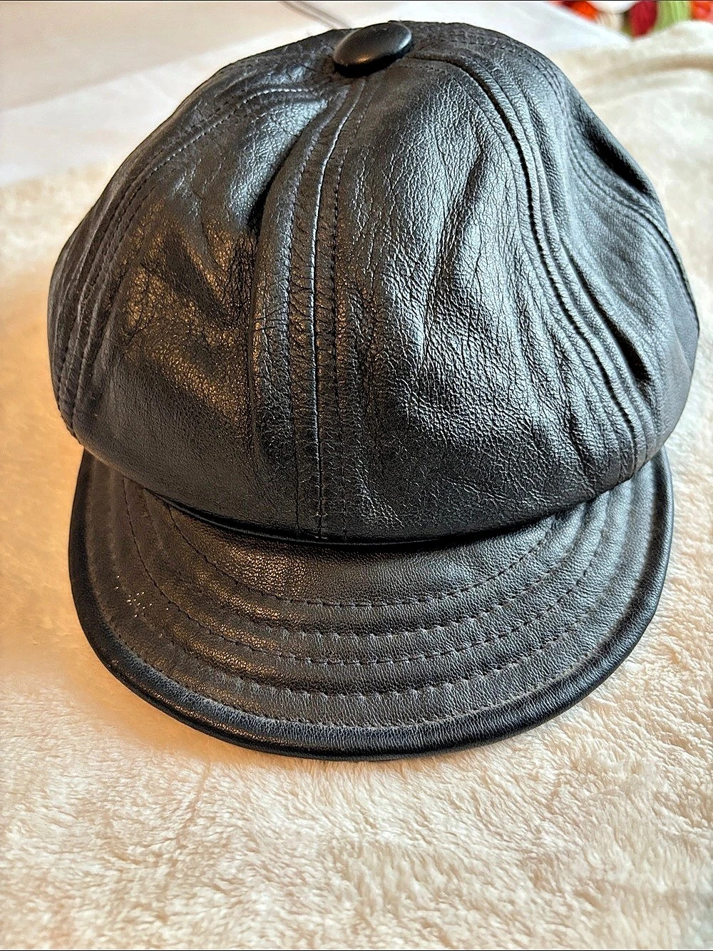 Black Lambskin Newsboy Cap Size Large